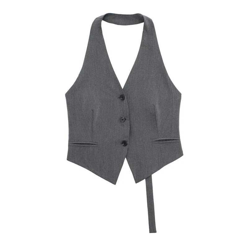 Color: GRAY, Size: M - MUJER Off Shoulder Sleeveless Vest Women Black White Cropped Vest Woman Fashion Backless V Neck Short Coats Summer Waistcoat