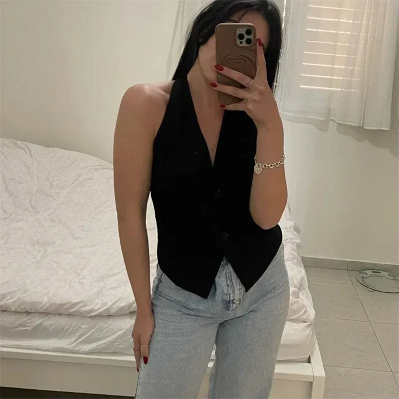 Color: GRAY, Size: M - MUJER Off Shoulder Sleeveless Vest Women Black White Cropped Vest Woman Fashion Backless V Neck Short Coats Summer Waistcoat