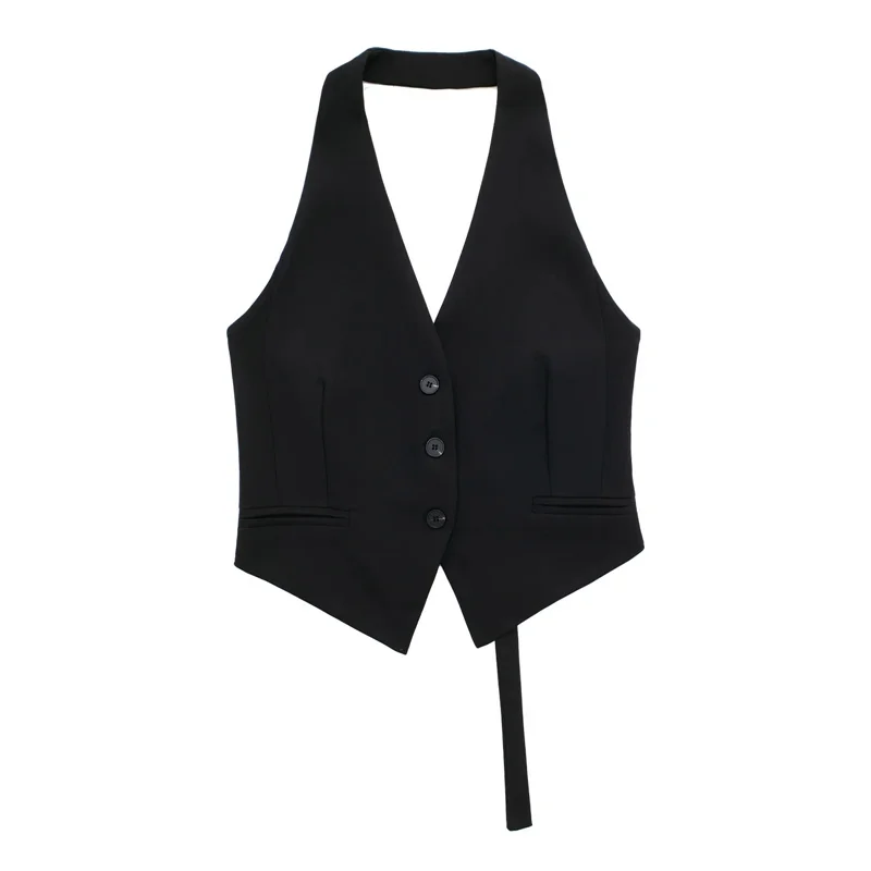 Color: GRAY, Size: M - MUJER Off Shoulder Sleeveless Vest Women Black White Cropped Vest Woman Fashion Backless V Neck Short Coats Summer Waistcoat