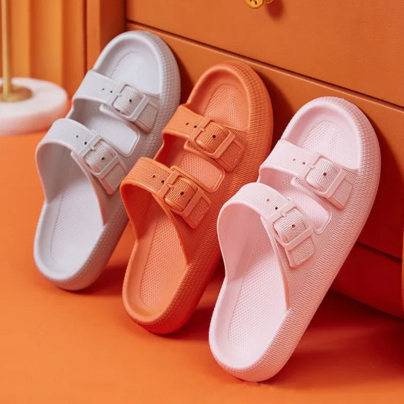 Color: Pink, Shoe Size: 42-43 - Fashion Buckle Thick Platform Slippers Women Home Soft Sole eva Cloud Slides Sandals Woman 2025 Summer Non Slip Beach Flip Flops
