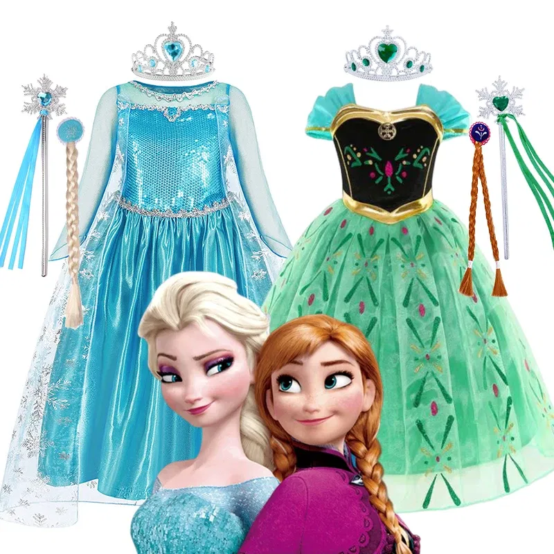 Kid Size: 14, Color: Khaki - Disney Kids Cosplay Elsa Anna Princess Dress Girls Mesh Ball Gown Halloween Carnival Birthday Clothes Snow Queen Frozen Costume