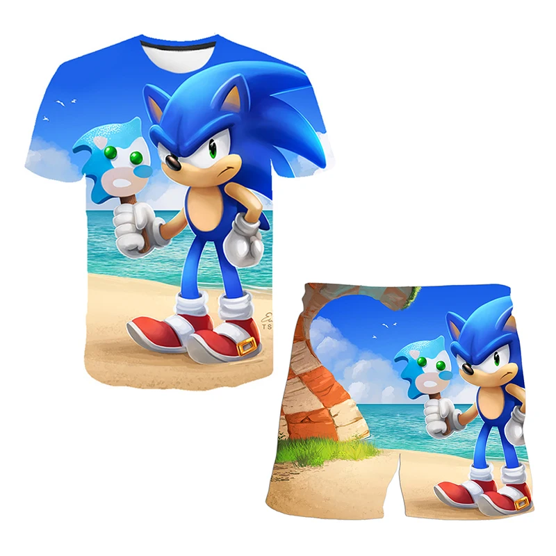 Color: MULTI, Size: 25cm - New Japanese cartoon Sonic T-shirt children's top T-shirt shorts two-piece set summer boy cartoon cute T-shirt+beach pants