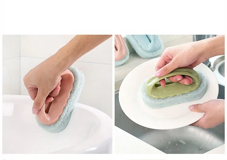 Color: Blue - Sponge Brush Glass Wall Cleaning Tools Kitchen Cleaning Bathroom Toilet Gadget Handle Ceramic Window Slot Clean Brush
