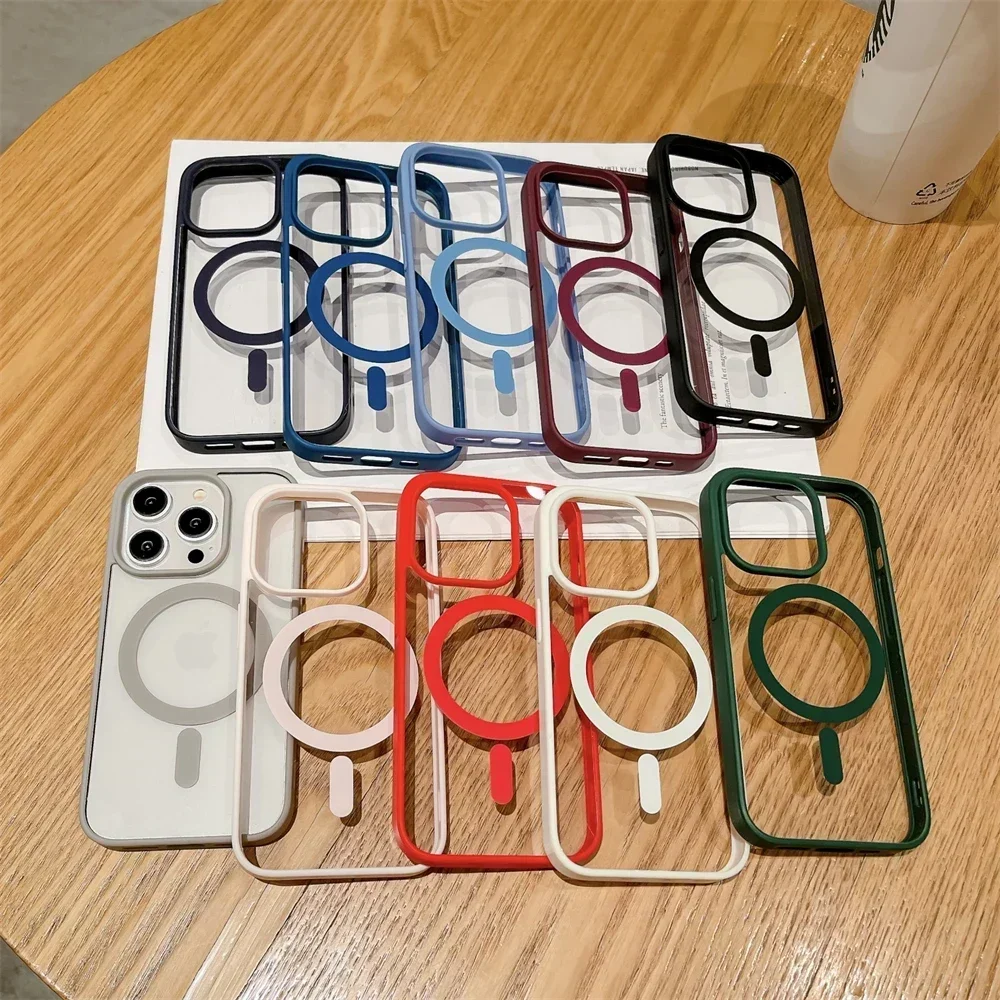 Color: Red, Material: Acrylic - Luxury Shockproof Magsafe Wireless Charge Case for iPhone 17 Air 16 15 14 Plus 13 12 Mini 11 Pro Max Clear Magnetic Bumper Cover