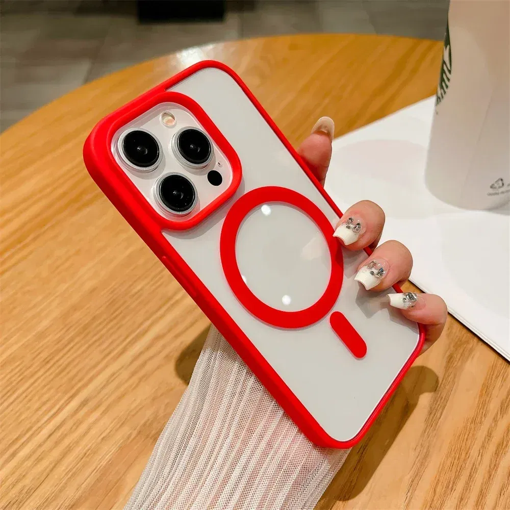 Color: Red, Material: Acrylic - Luxury Shockproof Magsafe Wireless Charge Case for iPhone 17 Air 16 15 14 Plus 13 12 Mini 11 Pro Max Clear Magnetic Bumper Cover