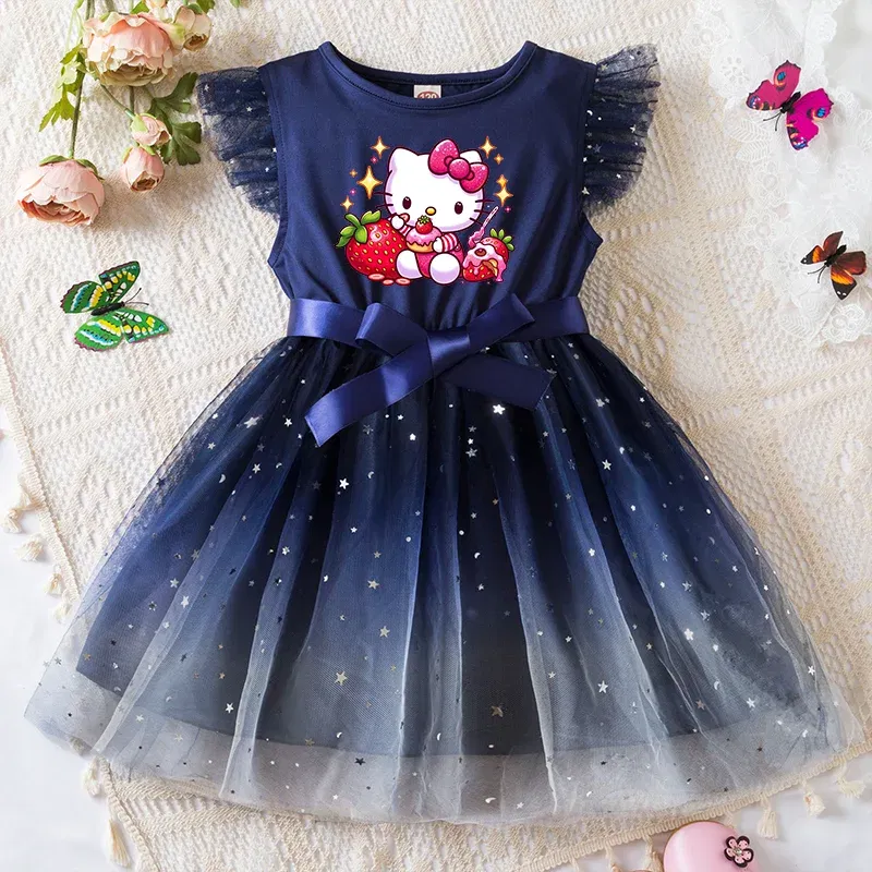 Color: Rose Red, Kid Size: 5 - Hello Kitty Girls Sequin Tutu Dress with Bow Flutter Sleeves Summer Princess Party Outfit for Toddler Kids 2-6 Years