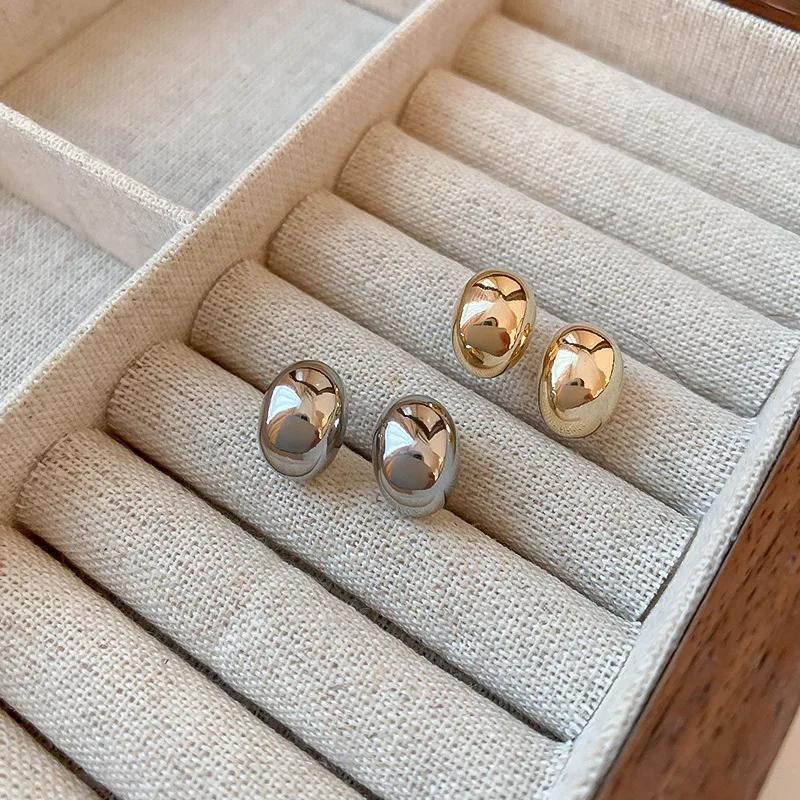 Metal Color: Gold-color - New Metal Geometry Bean Gold Silver Color Stud Earring for Women Female Sweet Jewelry Wedding Christmas Gift