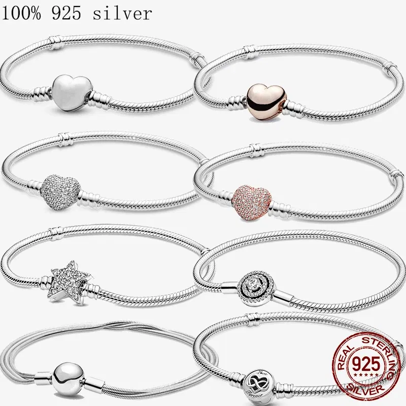 Gem Color: Sky blue, Length: 20cm - Original 925 Sterling Silver Bracelet Star Heart Clasp Snake Chain Rose Gold DIY Beads Charms Bracelets For Women Luxury Jewelry