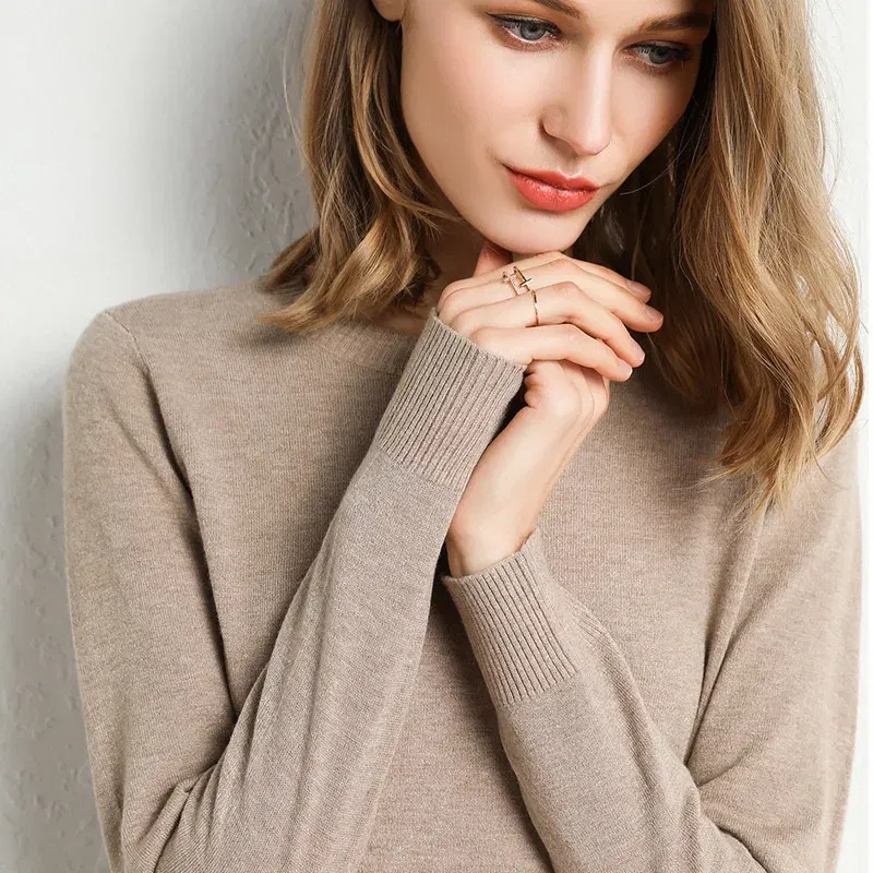Color: Beige, Size: S - Women Slim O-Neck Solid Pullover Cashmere Wool Blending Sweater Autumn And Winter Long-Sleeved Knit Bottoming Shirt Large Size