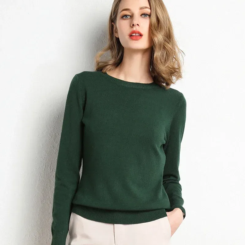 Color: Beige, Size: S - Women Slim O-Neck Solid Pullover Cashmere Wool Blending Sweater Autumn And Winter Long-Sleeved Knit Bottoming Shirt Large Size