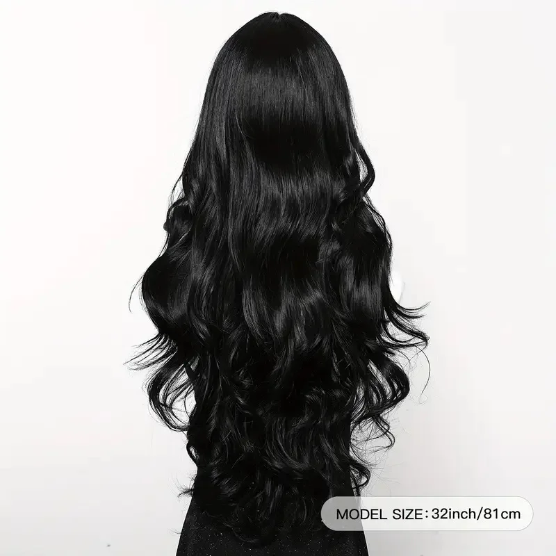 Color: T1B/PURPLE - Black synthetic wig with middle-parted long hair and big waves for party or daily use. High-temperature synthetic hair cap.