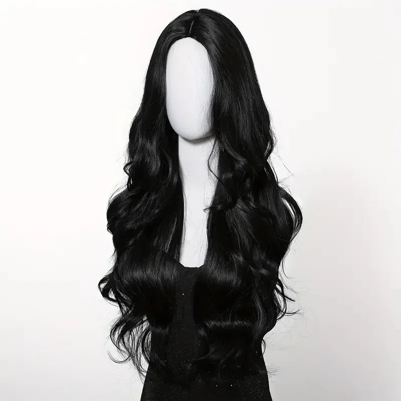 Color: T1B/PURPLE - Black synthetic wig with middle-parted long hair and big waves for party or daily use. High-temperature synthetic hair cap.