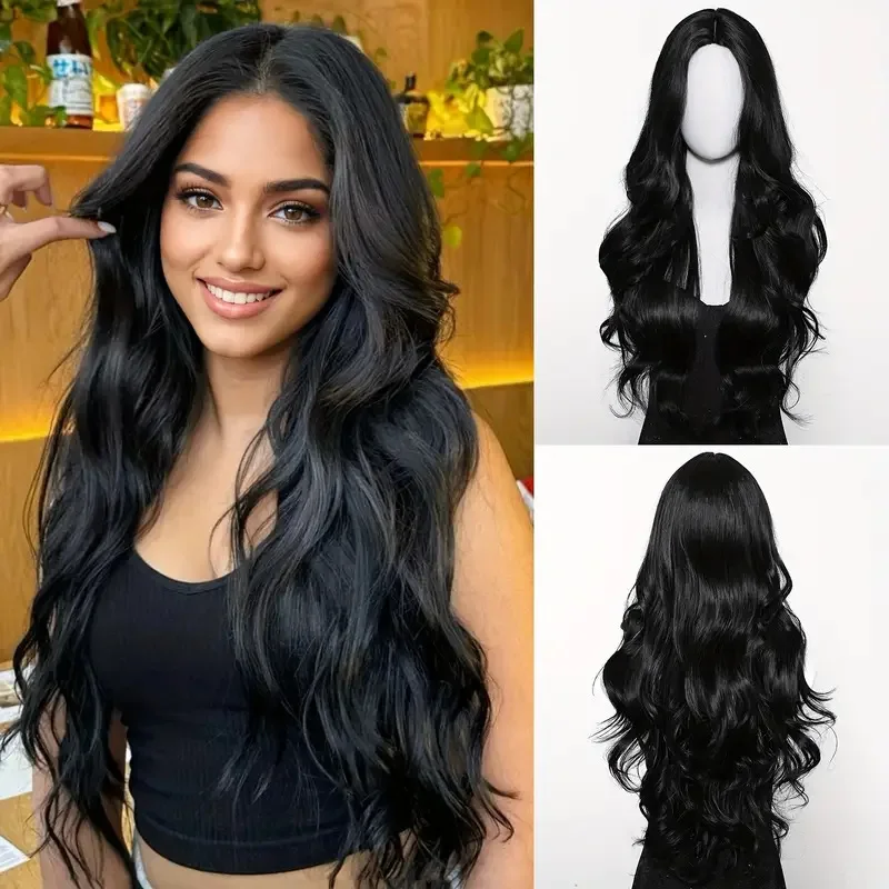 Color: T1B/PURPLE - Black synthetic wig with middle-parted long hair and big waves for party or daily use. High-temperature synthetic hair cap.