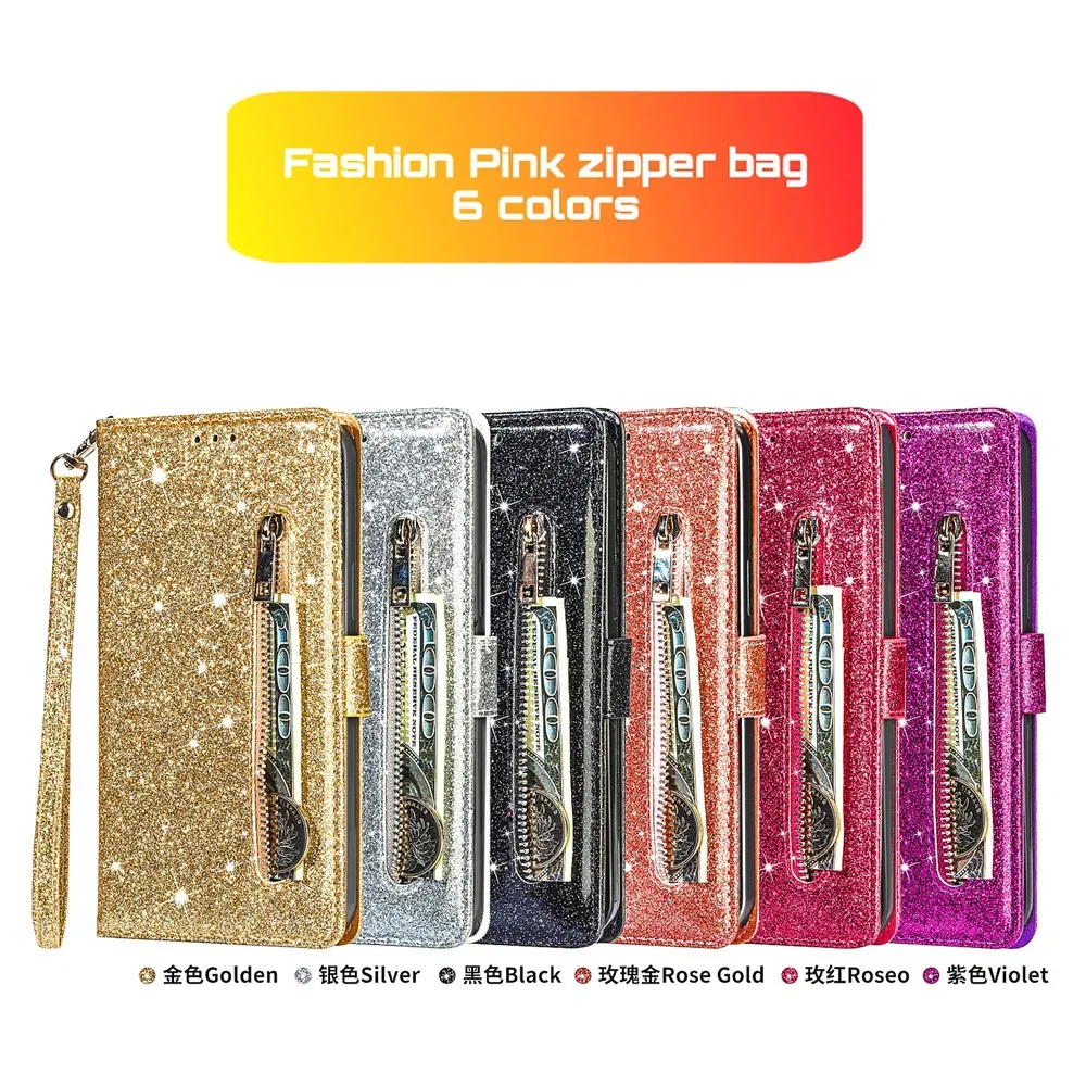 Color: black, Material: CANVAS - Zipper Flip Wallet Glitter Leather Case for iPhone 16 15 14 13 12 11 Pro Max XS XR 8 7 Plus SE 2022 Mini Bling Stand Phone Cover