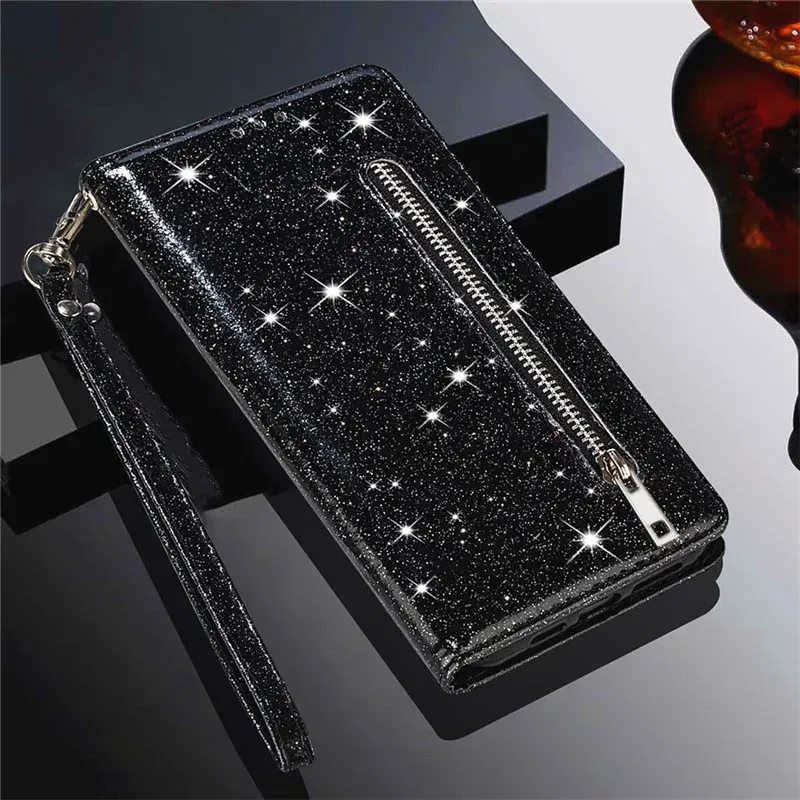 Color: black, Material: CANVAS - Zipper Flip Wallet Glitter Leather Case for iPhone 16 15 14 13 12 11 Pro Max XS XR 8 7 Plus SE 2022 Mini Bling Stand Phone Cover
