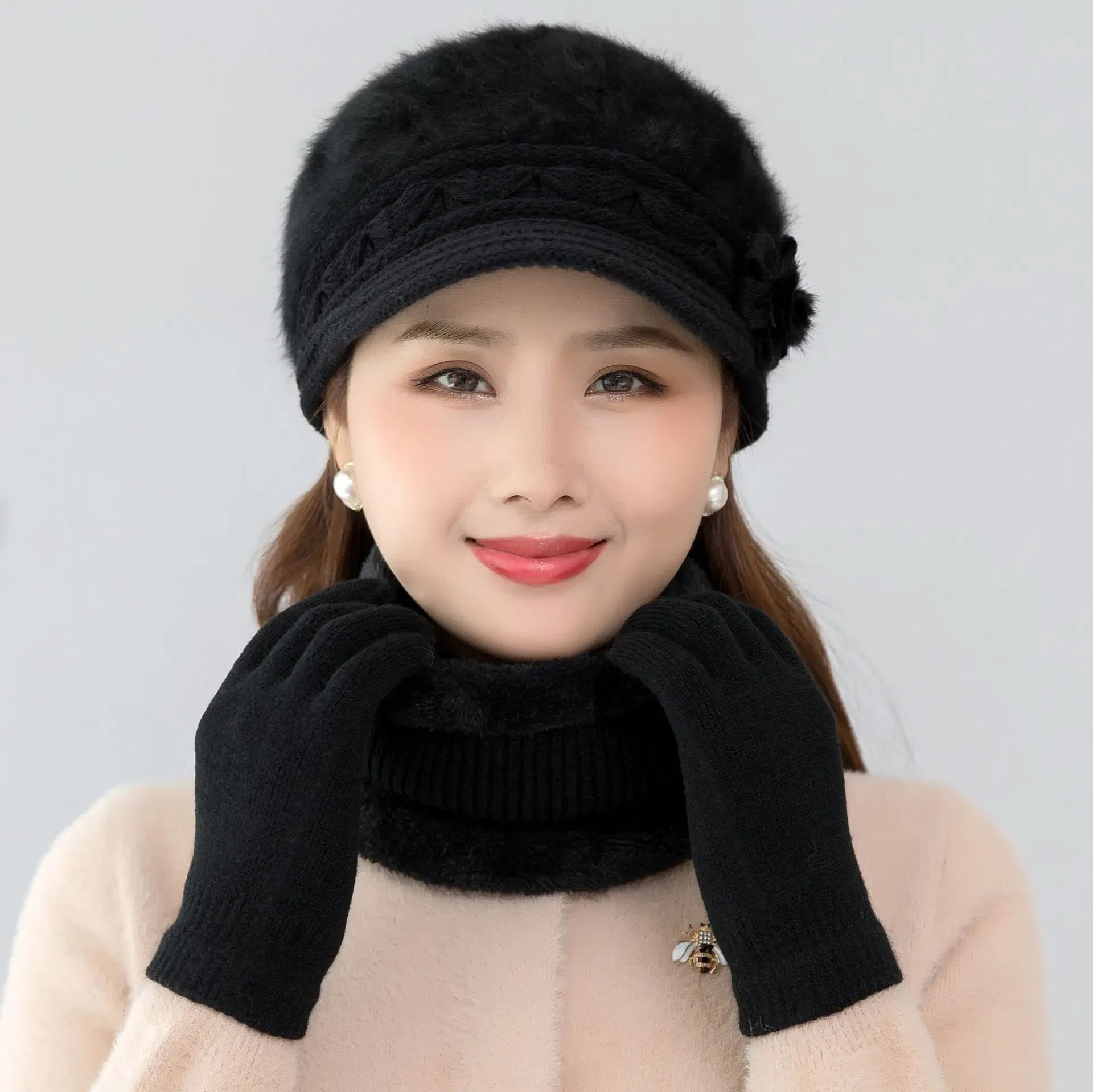 Color: Dark Grey - New Women Winter Hat Keep Warm Cap Add Fur Lined Hat & Scarf Warm Set Fashion Hat For Women Casual Faux Fur Flower Knitted Hat