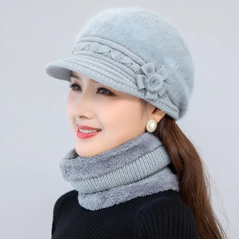 Color: Dark Grey - New Women Winter Hat Keep Warm Cap Add Fur Lined Hat & Scarf Warm Set Fashion Hat For Women Casual Faux Fur Flower Knitted Hat