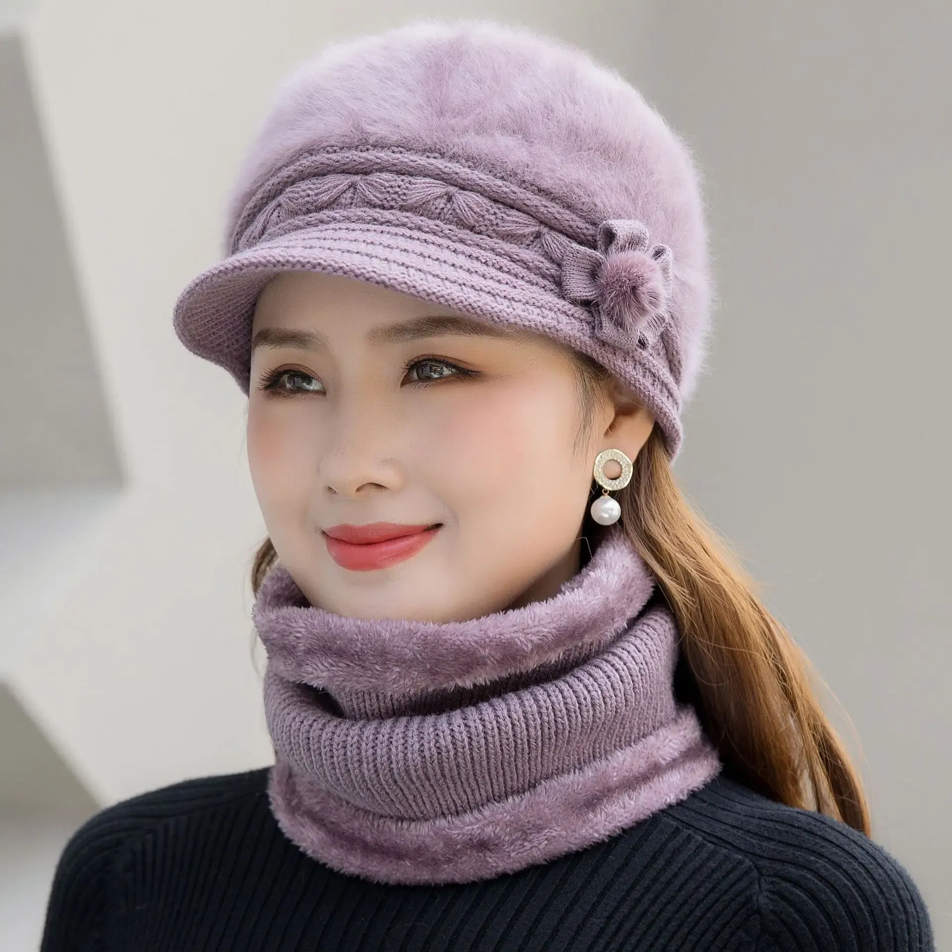 Color: Dark Grey - New Women Winter Hat Keep Warm Cap Add Fur Lined Hat & Scarf Warm Set Fashion Hat For Women Casual Faux Fur Flower Knitted Hat