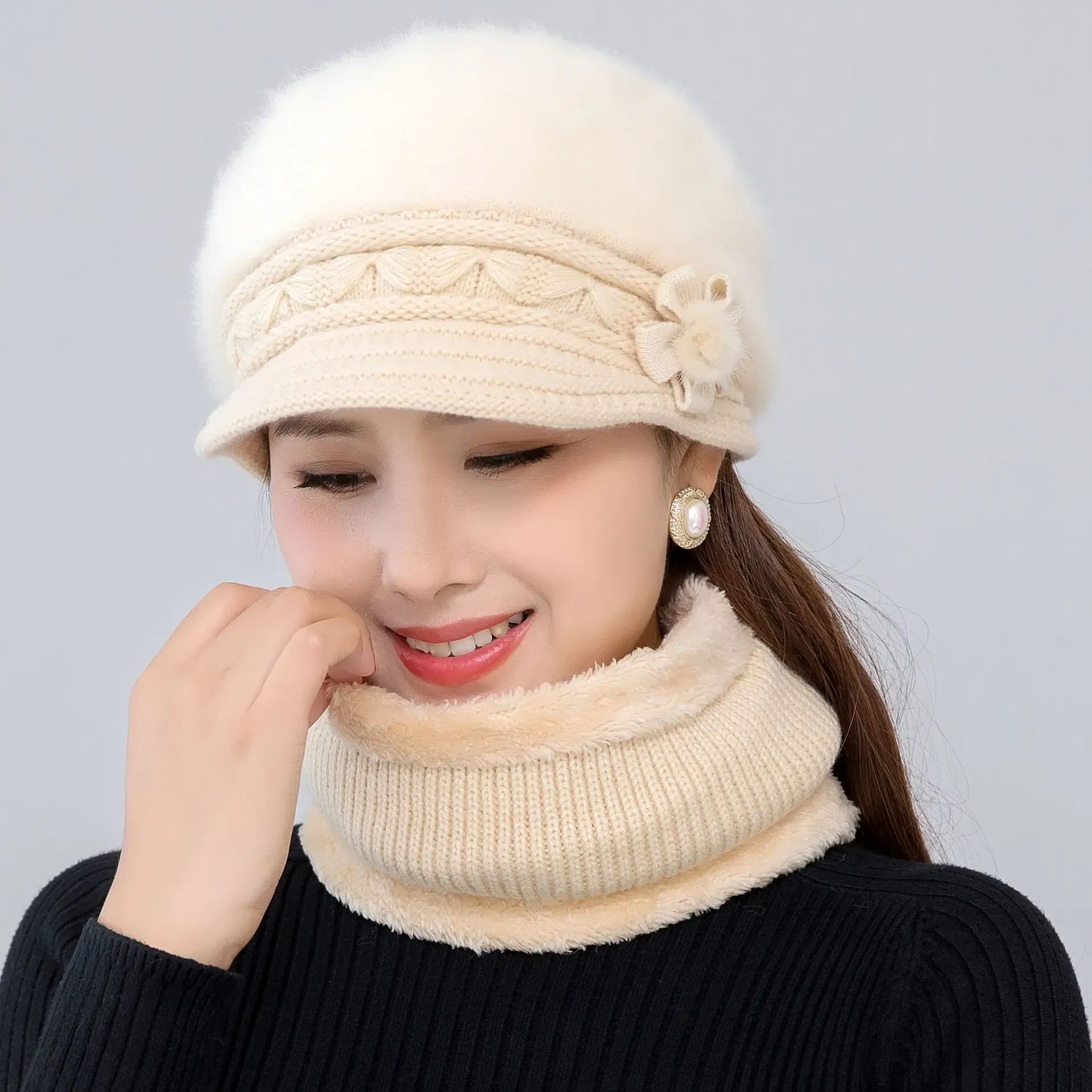 Color: Dark Grey - New Women Winter Hat Keep Warm Cap Add Fur Lined Hat & Scarf Warm Set Fashion Hat For Women Casual Faux Fur Flower Knitted Hat