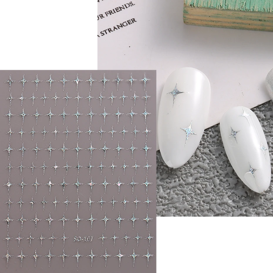 Color: Red - Sliver Stars Nails Stickers 3D Bronzing Laser White Cross Starlight Glossychic Y2k Stylish Adhesive Manicure Decorations SO-167