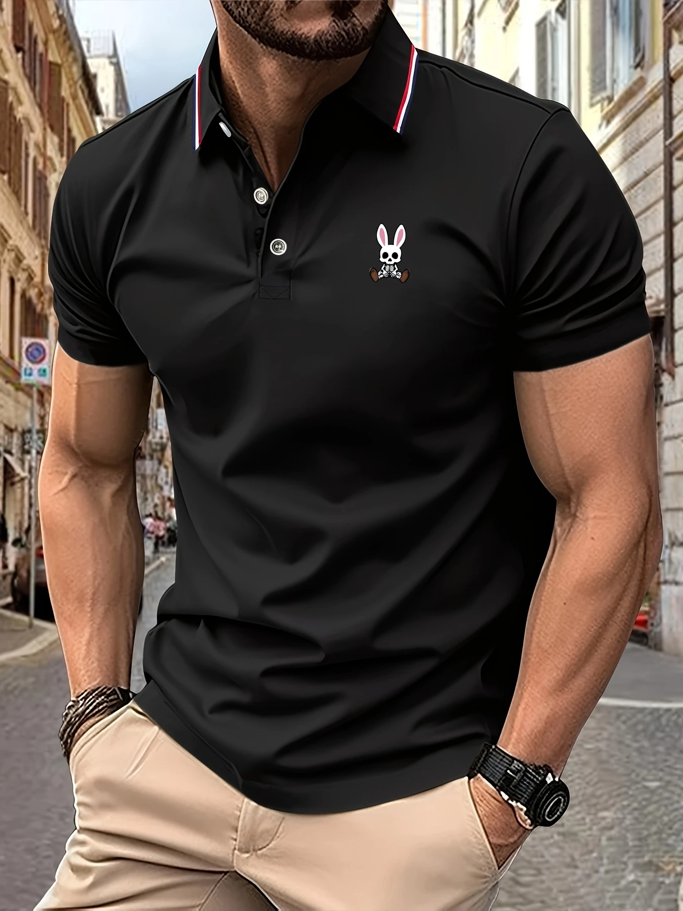 Color: WHITE, Size: XXL - Mens Polo Shirts Skulls Rabbit Print 2025 New Summer Lapel Stripes Men Short Sleeve Casual Breathable Light Luxury T-Shirt