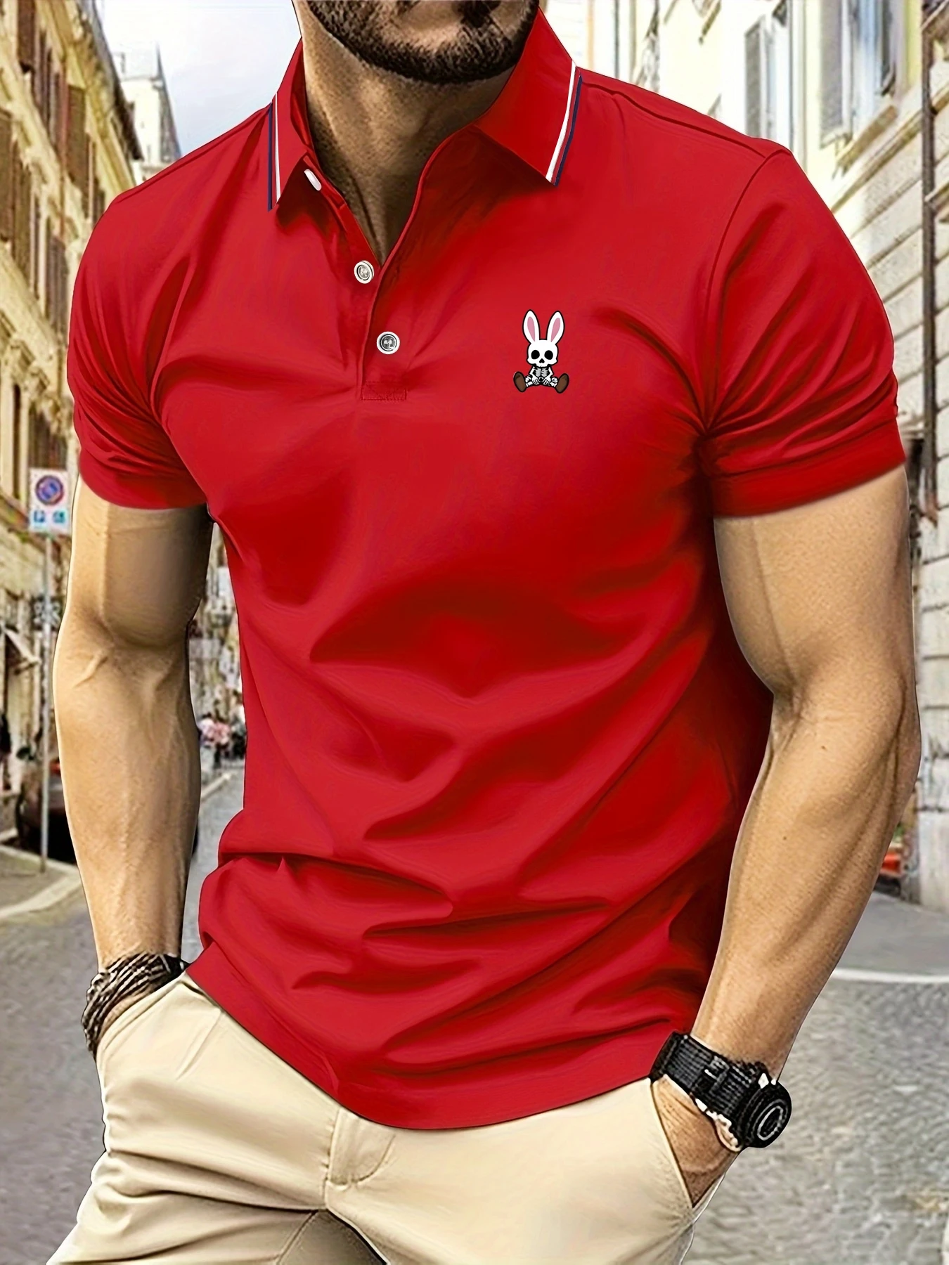 Color: WHITE, Size: XXL - Mens Polo Shirts Skulls Rabbit Print 2025 New Summer Lapel Stripes Men Short Sleeve Casual Breathable Light Luxury T-Shirt