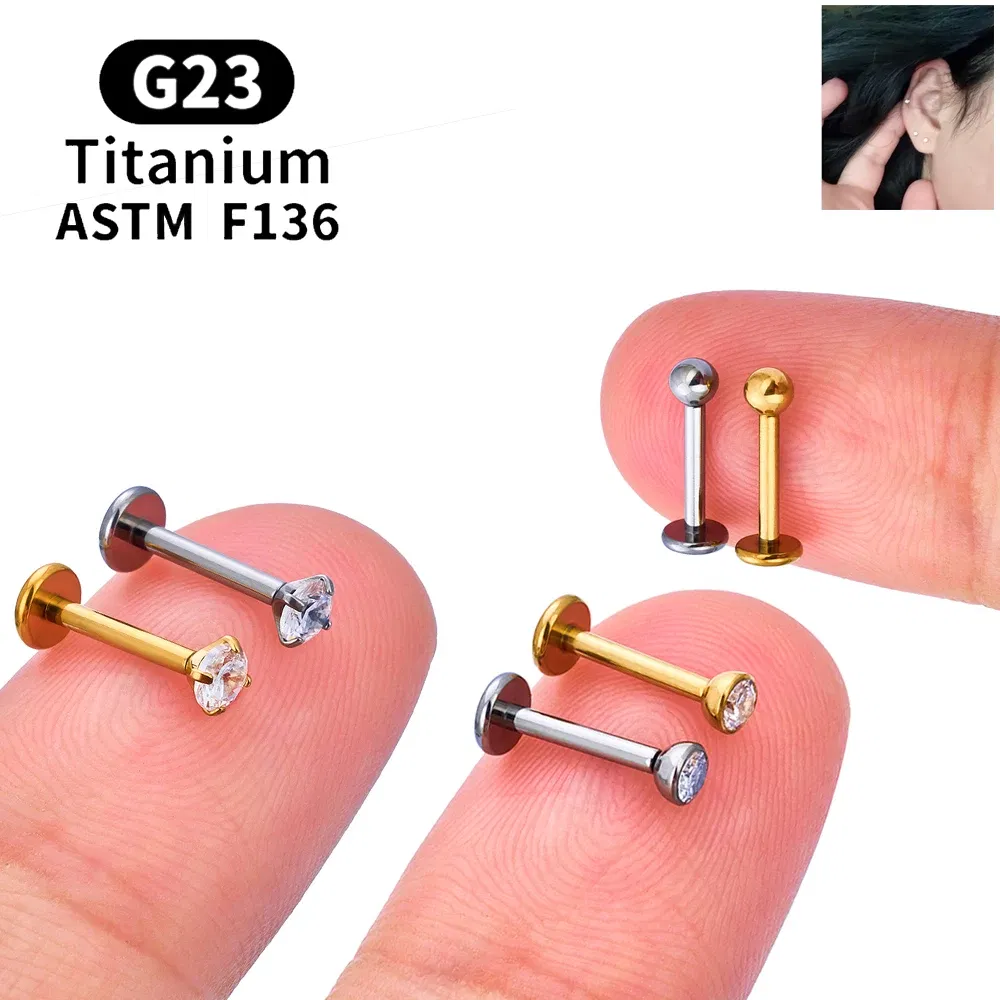 Metal color: Light Yellow Gold Color, Ships From: CHINA, Main Stone Color: Fluorescent Green - 10PCS ASTM F136 G23 Titanium Piercing Labret Lip Ring Stud Earring CZ Ear Tragus Cartilage Helix Daith Pierc Jewelry 16/18/20g