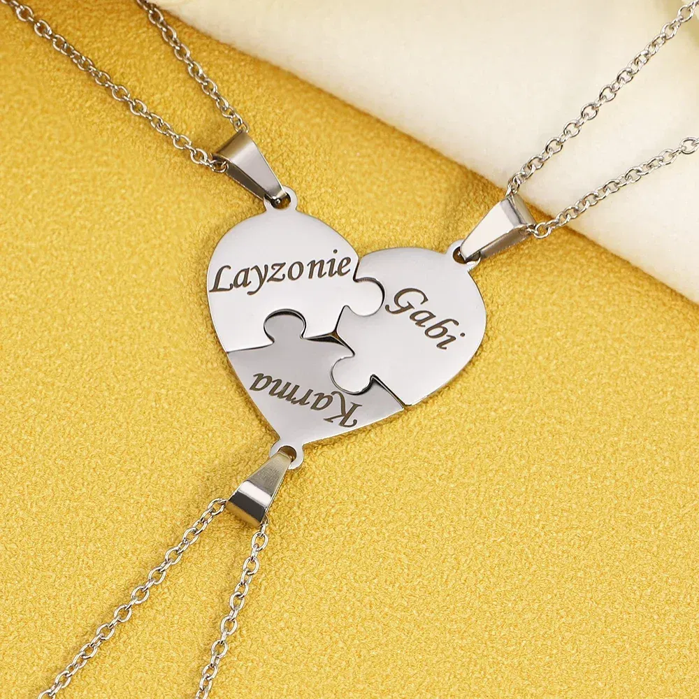 Metal Color: RED-BROWN, Length: 55cm, Main Stone Color: Gold - Personalized Charm Stainless Steel Pendant Name Jigsaw Heart Necklace for Women Jewelry for Men Family Name Chains Necklace