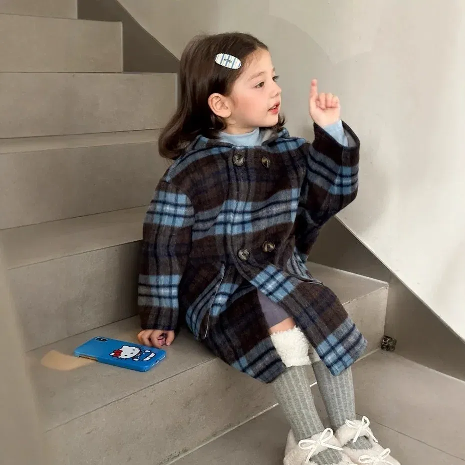 Color: Blue, Kid Size: 6T - Children's Coats Plaid Printed Woolen Padded Hooded Coat Kids Jackets for Girls Winter Clothes Kids Jacket