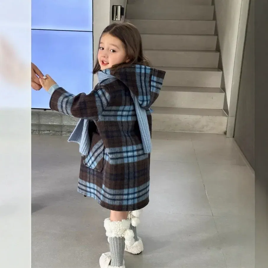 Color: Blue, Kid Size: 6T - Children's Coats Plaid Printed Woolen Padded Hooded Coat Kids Jackets for Girls Winter Clothes Kids Jacket