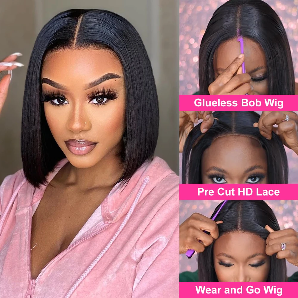 Hair Color: #1, Ships From: CHINA, Stretched Length: 10inches, Density: 150% - Wear And Go Glueless Bob Wig Human Hair 7x5 HD Lace Closure Human Hair Pre Plucked No Glue Pre Cut Ready To Wear Frontal Wig