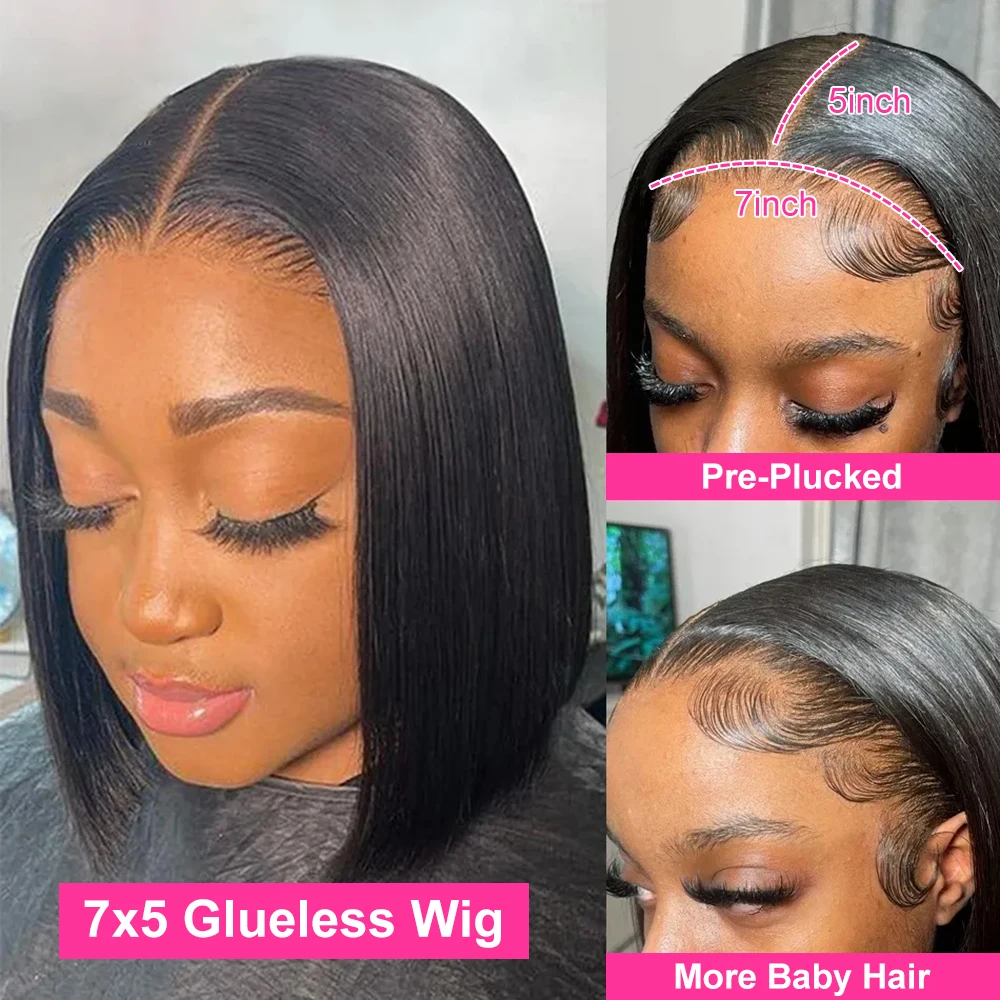 Hair Color: #1, Ships From: CHINA, Stretched Length: 10inches, Density: 150% - Wear And Go Glueless Bob Wig Human Hair 7x5 HD Lace Closure Human Hair Pre Plucked No Glue Pre Cut Ready To Wear Frontal Wig