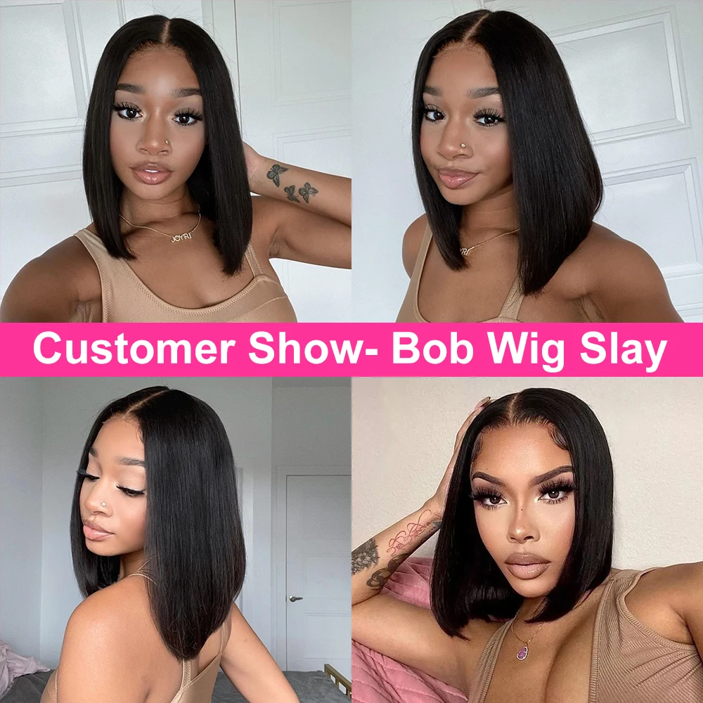 Hair Color: #1, Ships From: CHINA, Stretched Length: 10inches, Density: 150% - Wear And Go Glueless Bob Wig Human Hair 7x5 HD Lace Closure Human Hair Pre Plucked No Glue Pre Cut Ready To Wear Frontal Wig