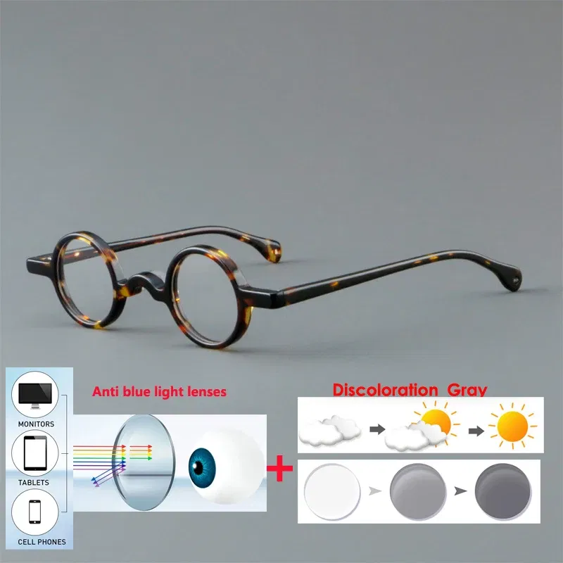 Frame Color: Emerald Green, Eye Prescription: +75 - VCKA Photochromic Acetate Myopia Glasses Men Retro Small Round Frames Women Custom prescription Anti-Blue  Eyewear -0.5 TO -10