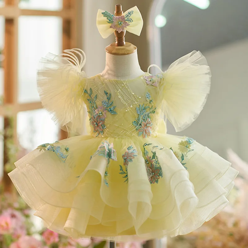 Color: green, Kid Size: 4T - New baby girl toddler dress birthday party dress exquisite unique girl sweet little fly sleeve cake skirt