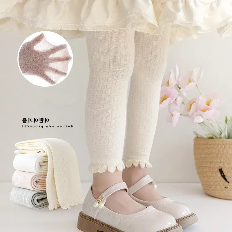 Color: Pink, Size: 92, Ships From: CHINA - Summer Spring Mesh Baby Girls Stretch Leggings Cotton Solid Ruffle Edge Toddler Kids Pants