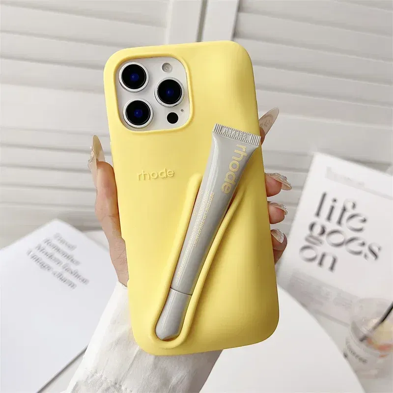 Color: Beige, Bundle: Bundle1, Material: Denim - Phone Case For iPhone 12 13 14 15 16 Pro Max Plus 17 Air Portable Lip Gloss Holder Lipstick Silicone Soft Bumper Cover Lip Glaze