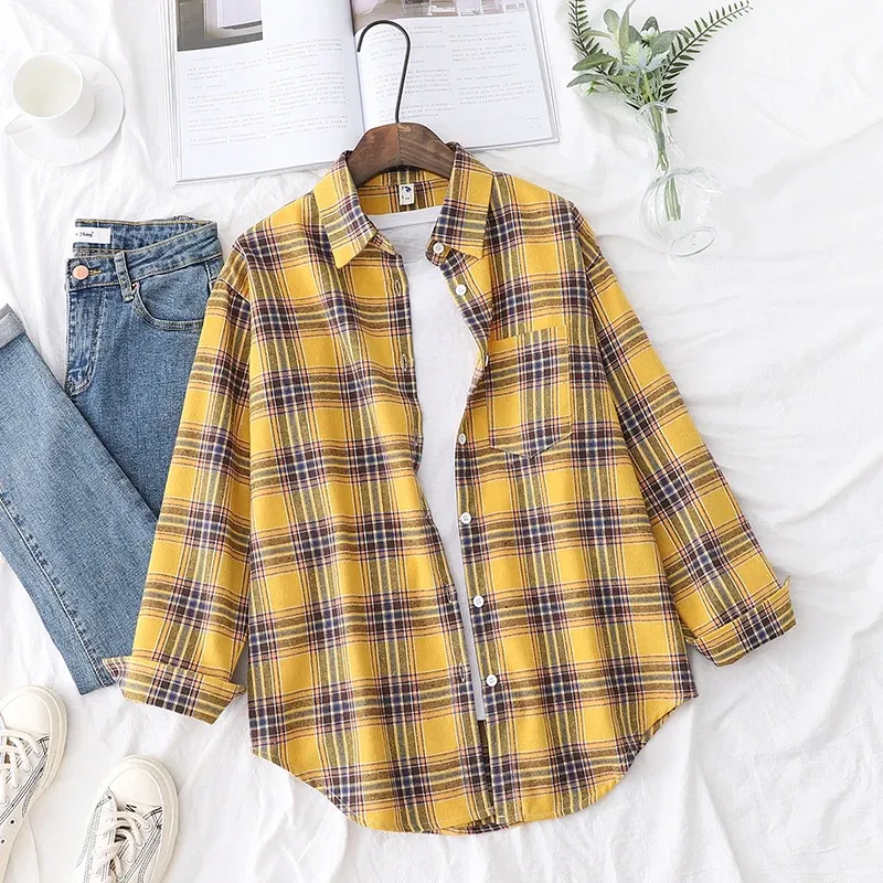 Color: Yellow, Size: S - Fresh Flannel Plaid Shirt Women 2025 New Female Blouses and Tops Cotton Loose Long Sleeve Casual Shirts Fine Women's Clothes