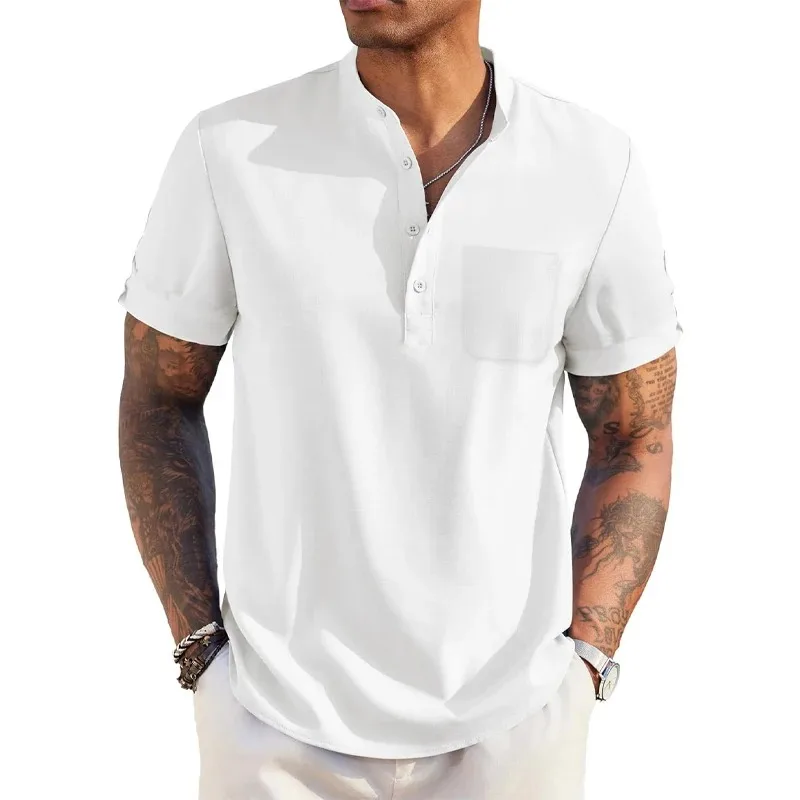 Color: Khaki, Size: XXXL - Summer Men's Cotton Linen T-Shirt Henley Neck Pocket Casual Lightweight Breathable Beach Shirt Solid Color Basic Style Tops