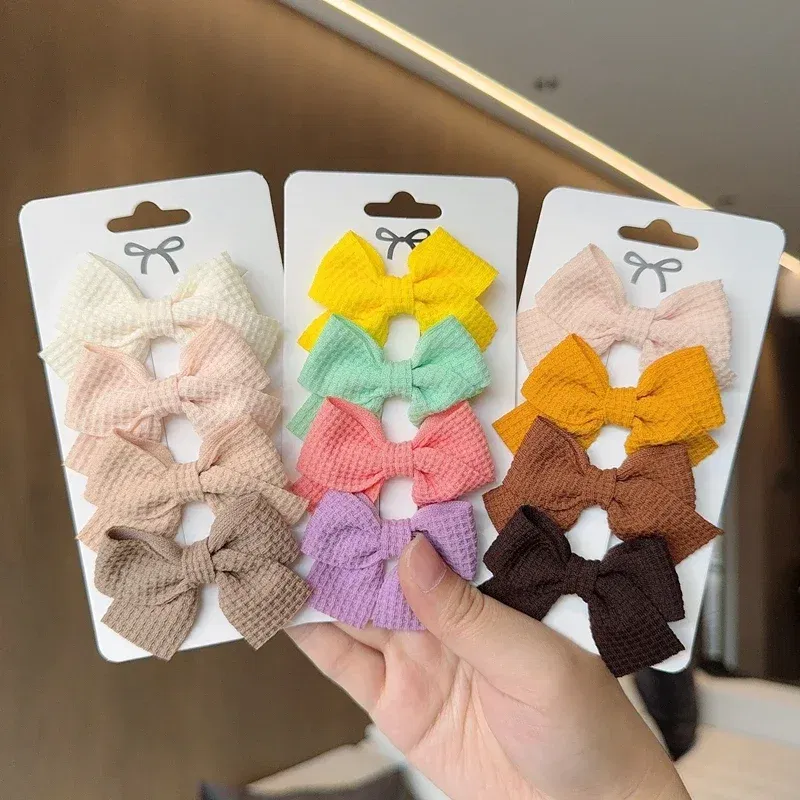 Color: Blue - 4PCS Soft Cotton Bow Hairpin Girl Sweet Plaid Design Hairpin Color Block Delicate Hairgripe Barrettes Kawaii Child Accessories