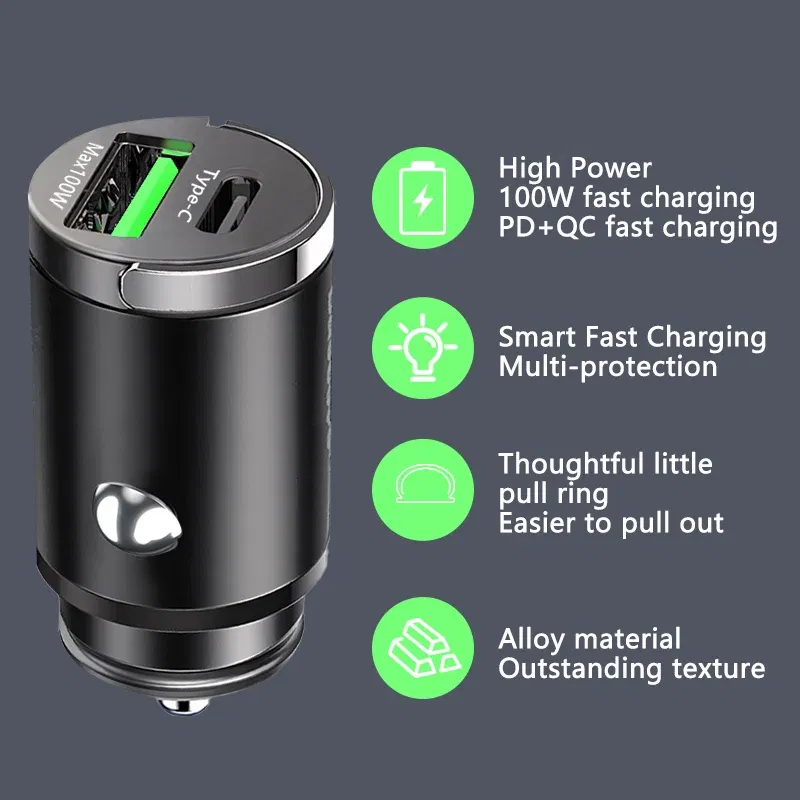 Plug Type: EU - 100W Mini Car Charger Lighter Fast Charging for iPhone QC3.0 Mini PD USB Type C Car Phone Charger for Xiaomi Samsung Huawei
