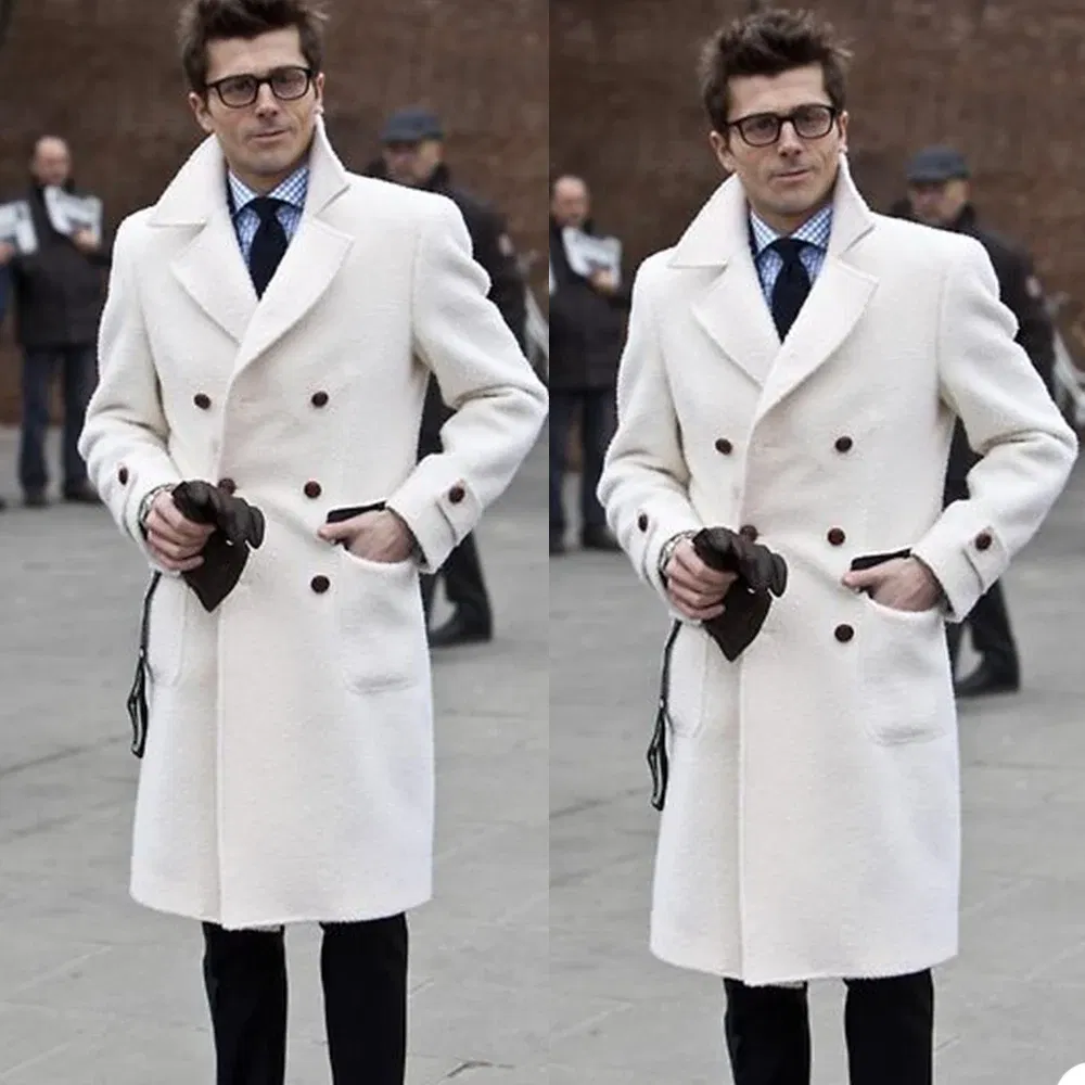 Color: Orange, Size: 48 - Solid White England Style Woolen Overcoat Men's Thick Plus Double-Breasted Long Coat Casual Winter Fashion Warm Jacket