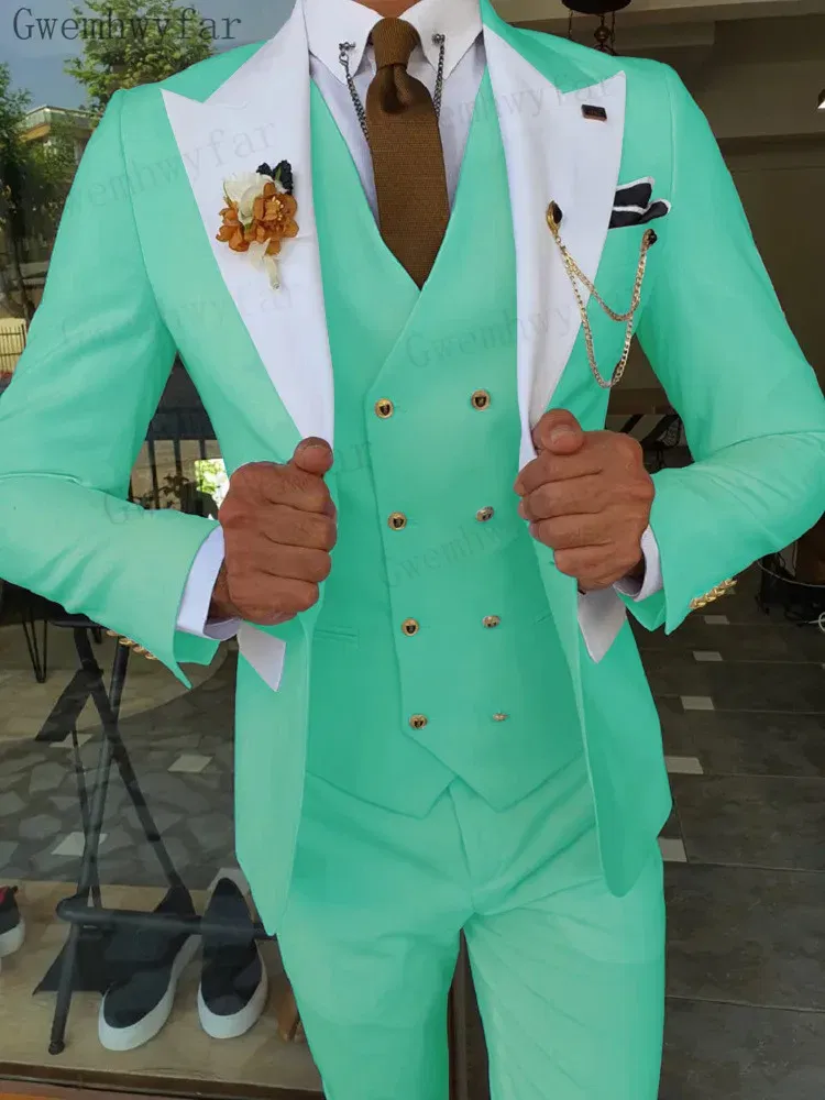 Color: Brown, Size: XXL - Gwenhwyfar Mint Green Groom Male Wedding Prom Suit Slim Fit Tuxedo Mens Formal Business Work Wear Suits 3Pcs (Jacket+Pants+Vest)