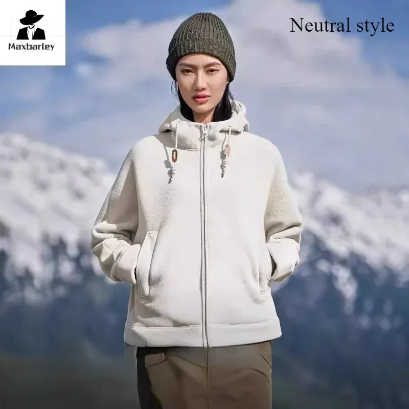 Color: GRAY, Size: XXXL - Winter Warm Cashmere Jacket Mens High-end Ski Fleece Iined Thickened Hoodie Coat Casual Womens Outdoor Camping Cold-proof Jacket