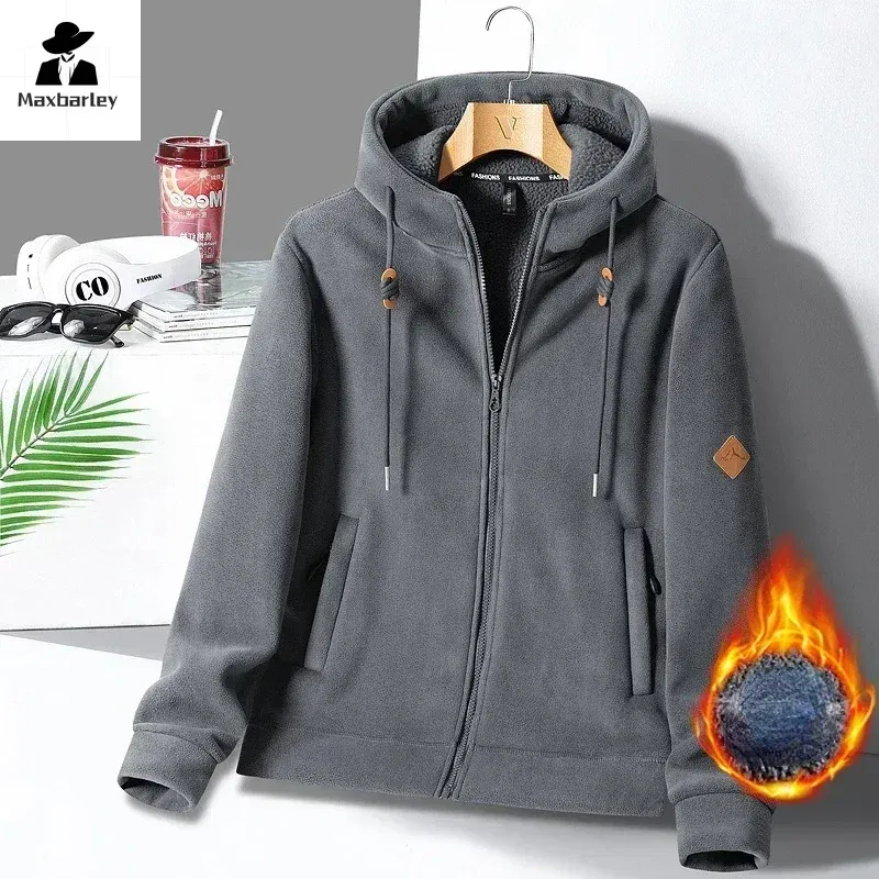 Color: GRAY, Size: XXXL - Winter Warm Cashmere Jacket Mens High-end Ski Fleece Iined Thickened Hoodie Coat Casual Womens Outdoor Camping Cold-proof Jacket