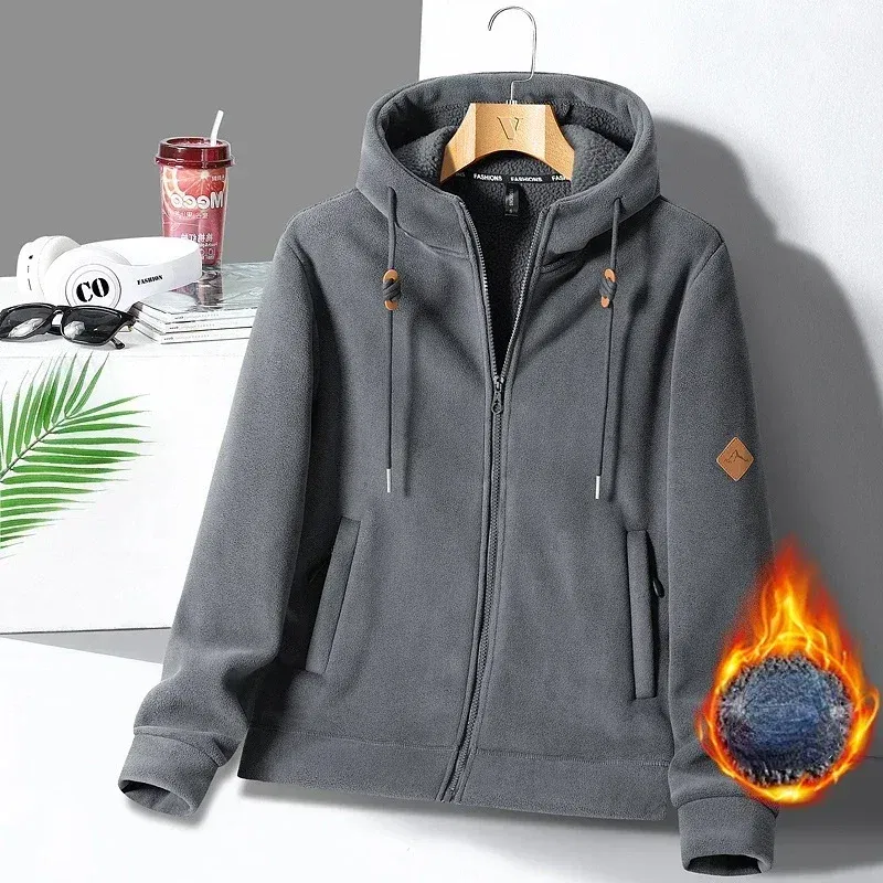 Color: GRAY, Size: XXXL - Winter Warm Cashmere Jacket Mens High-end Ski Fleece Iined Thickened Hoodie Coat Casual Womens Outdoor Camping Cold-proof Jacket