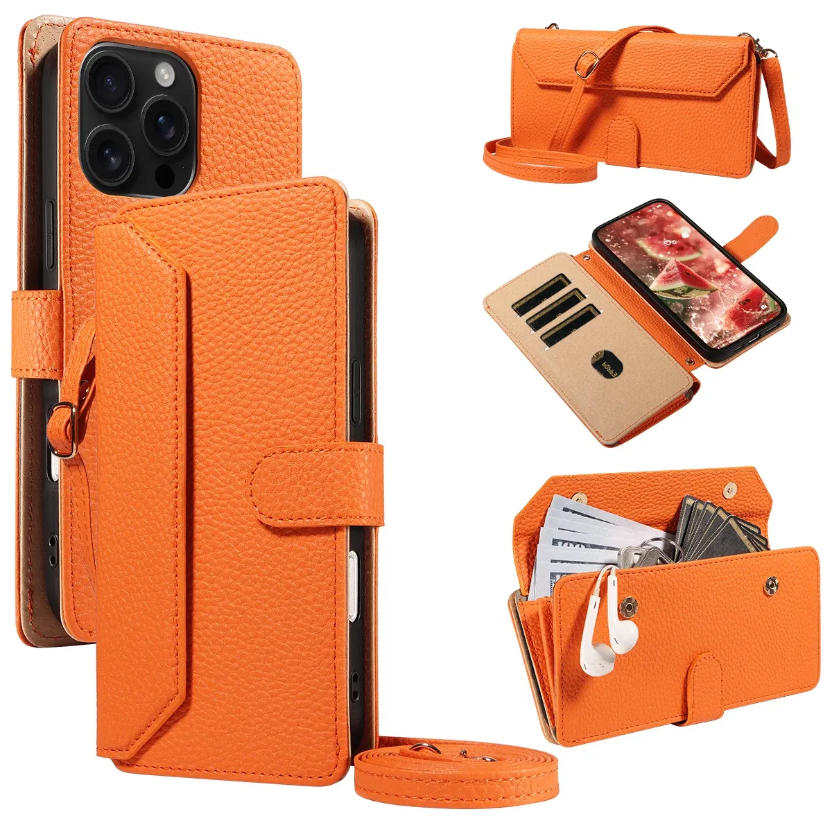 Color: Orange, Bundle: Case & Strap, Material: Artificial Leather, Compatibility by Model: Galaxy S23 Ultra - Crossbody Leather Phone Case for Samsung Galaxy S25Edge S25Ultra S24FE S24Ultra S23Ultra Multi-Card Slot Anti-Drop Wallet Case