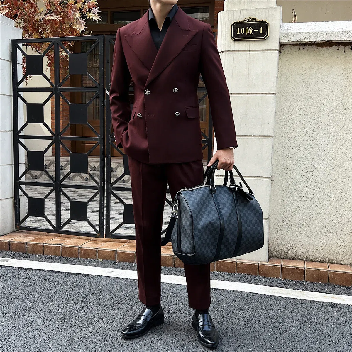 Color: Blue, Size: M - 2Pieces Jackets+Pants Design High Quality Men's Set Elegant Fashion Double Breasted Thick Wedding Dress Blazers And Trousers Set