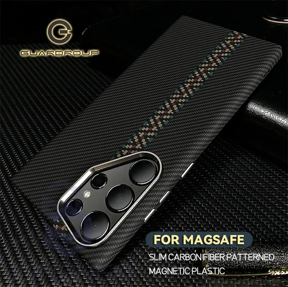 Color: Lemon yellow, Material: Vinyl - Carbon Fibre 3D Relief For MagSafe Case For Samsung Galaxy S24 Ultra S23 Plus Wireless Charge Hard PC Shockproof Magnetic Cover