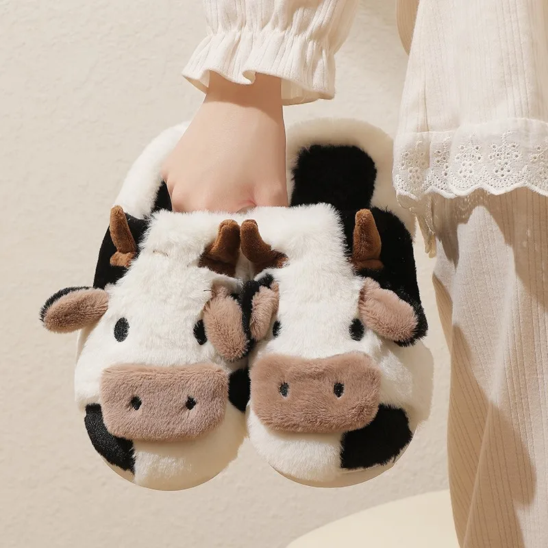 Color: black, Shoe Size: 41 - New Winter Unisex Cartoon Cow Warm Plush Slippers Couple's Indoor Non-slip House Mule Men And Women Toe Wrap Home Cotton Shoes